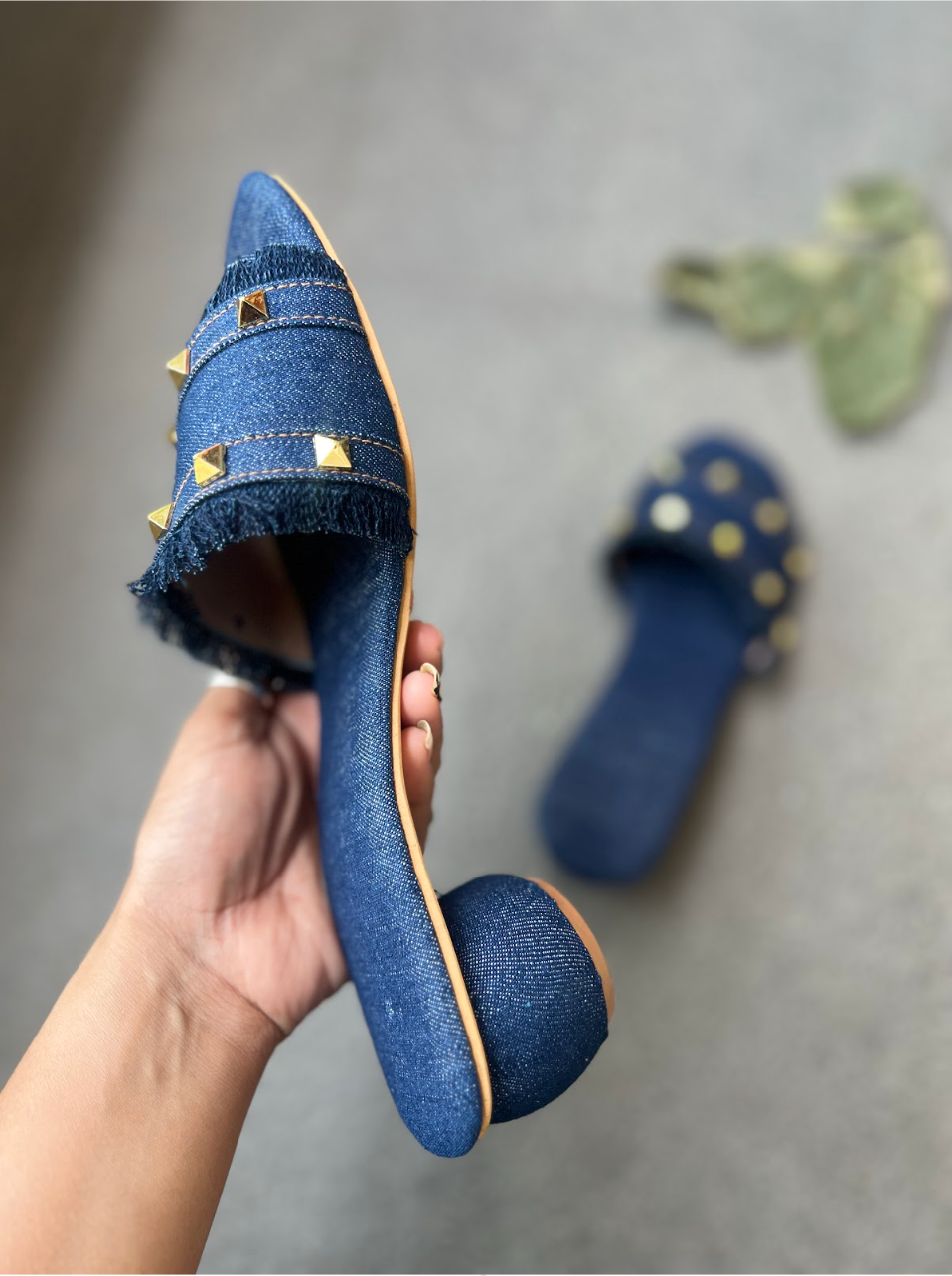 Denim studded heels